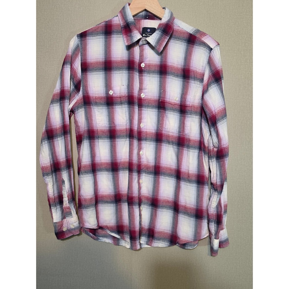 Ben Sherman Mens Plaid Button Down Shirt Red White Blue Cotton Blend Medium